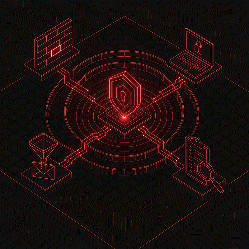 Isometric line-art illustration of a layered cybersecurity defense with a glowing red shield surrounded by firewall, endpoint, email filter, and assessment elements.
