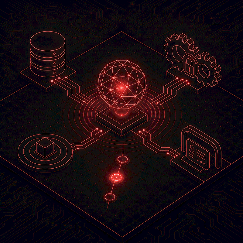 Isometric line-art illustration of an AI enablement roadmap with a glowing red neural orb, clean data layers, secure integrations, target use case, and compliance guardrails.
