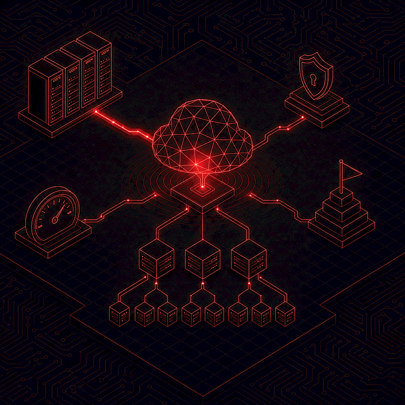 Isometric line-art illustration of a cloud migration roadmap with a glowing red cloud-sphere connected to on-prem servers, a security shield, a pilot waypoint, and a cost gauge.