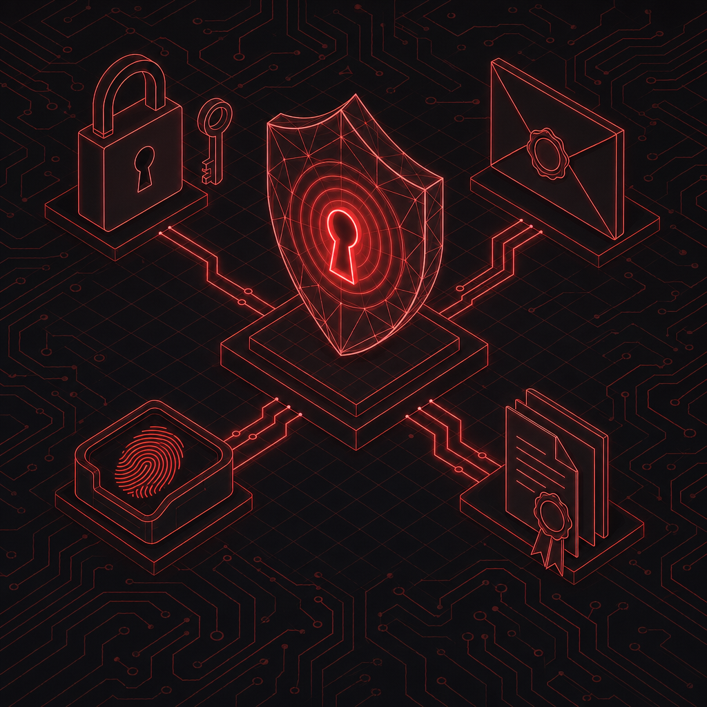 Isometric illustration of data privacy with shield, padlock, fingerprint, and sealed documents